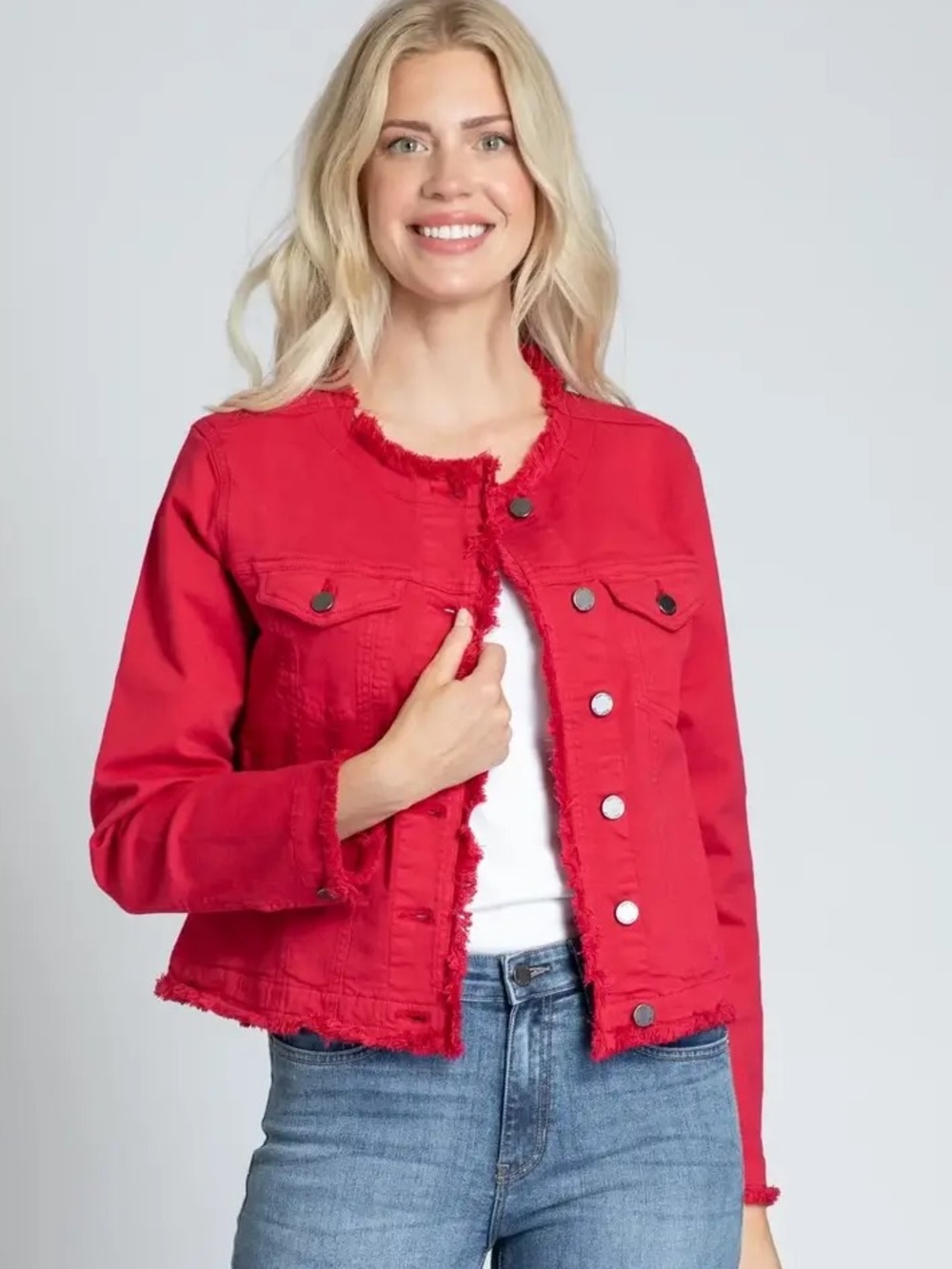 APNY Frayed Edge Red Denim Collarless Jean Jacket size large